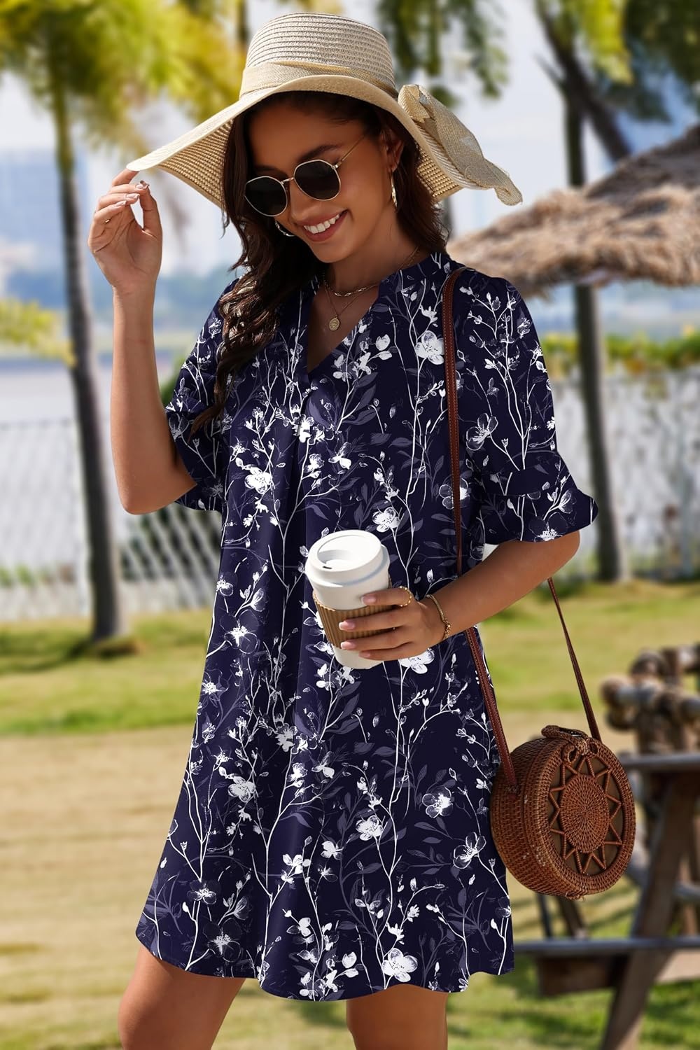 image:imageZeagoo Summer Dresses for Women 2026 V Neck Ruffle Sleeve Loose Shift Dress Hawaiian Sundress Beach Vacation ClothesDeep Blue Floral