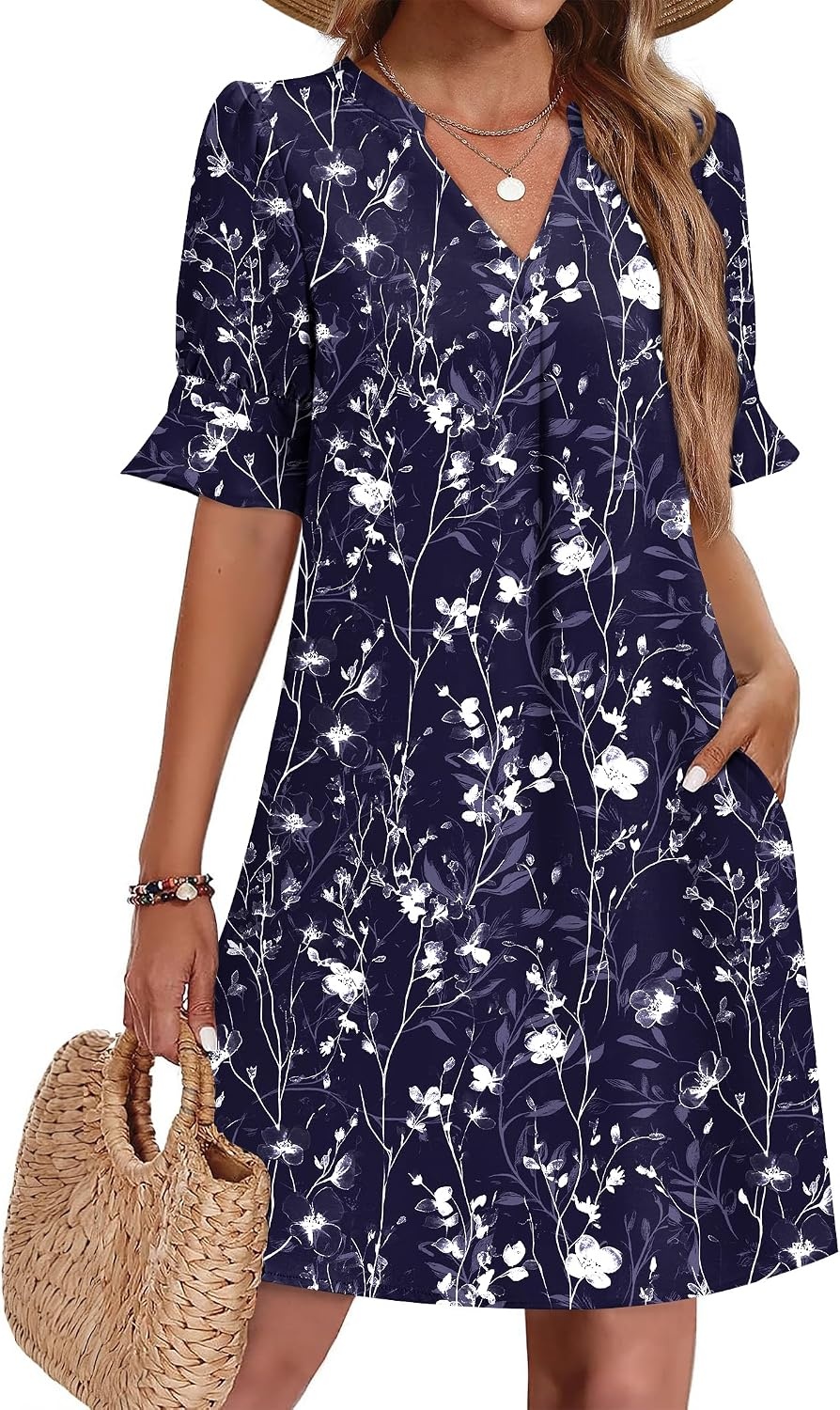 image:imageZeagoo Summer Dresses for Women 2026 V Neck Ruffle Sleeve Loose Shift Dress Hawaiian Sundress Beach Vacation ClothesDeep Blue Floral
