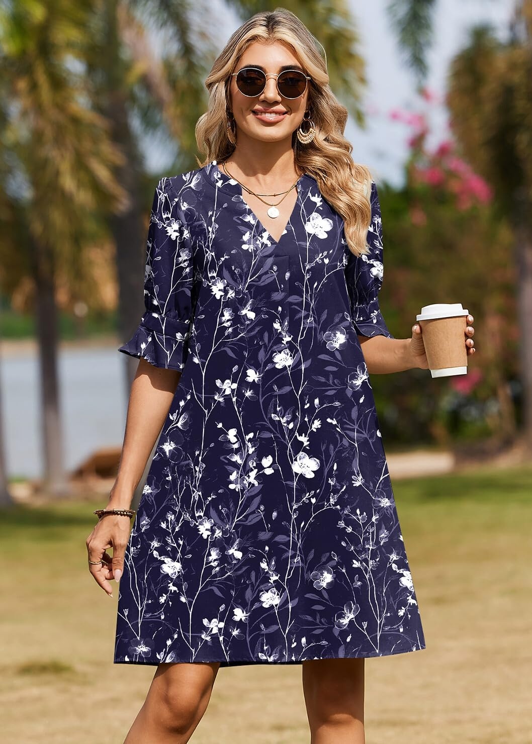 image:imageZeagoo Summer Dresses for Women 2026 V Neck Ruffle Sleeve Loose Shift Dress Hawaiian Sundress Beach Vacation ClothesDeep Blue Floral