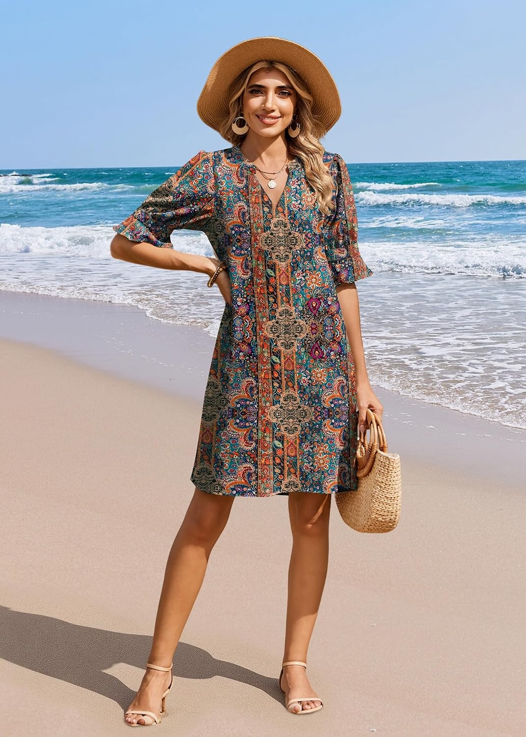 image:imageZeagoo Summer Dresses for Women 2026 V Neck Ruffle Sleeve Loose Shift Dress Hawaiian Sundress Beach Vacation ClothesEthnic Style