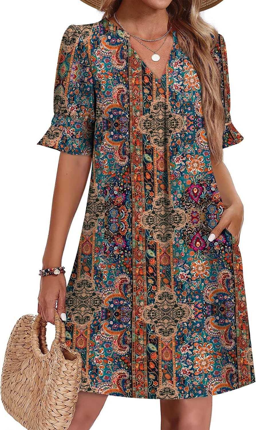 image:imageZeagoo Summer Dresses for Women 2026 V Neck Ruffle Sleeve Loose Shift Dress Hawaiian Sundress Beach Vacation ClothesEthnic Style