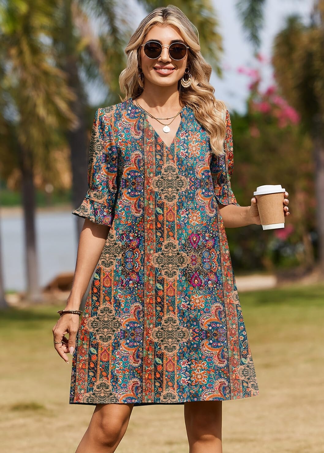 image:imageZeagoo Summer Dresses for Women 2026 V Neck Ruffle Sleeve Loose Shift Dress Hawaiian Sundress Beach Vacation ClothesEthnic Style