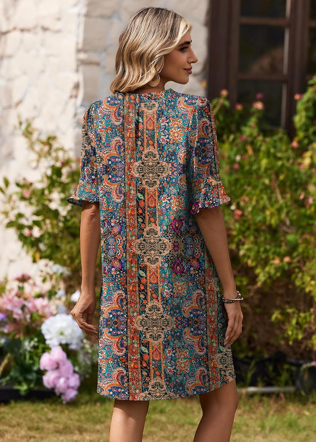 image:imageZeagoo Summer Dresses for Women 2026 V Neck Ruffle Sleeve Loose Shift Dress Hawaiian Sundress Beach Vacation ClothesEthnic Style