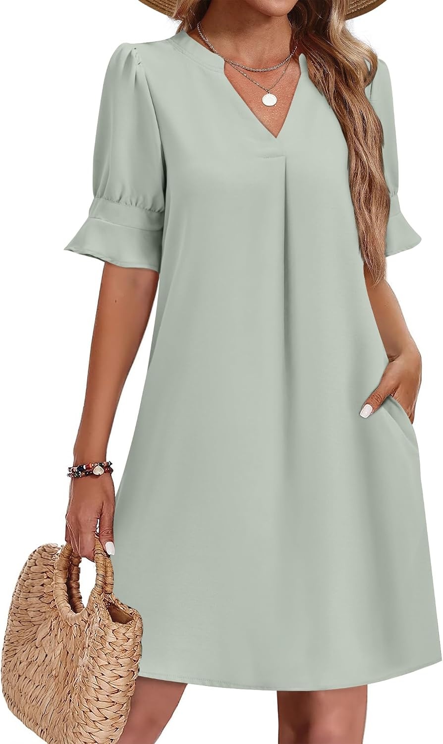 image:imageZeagoo Summer Dresses for Women 2026 V Neck Ruffle Sleeve Loose Shift Dress Hawaiian Sundress Beach Vacation ClothesGreen