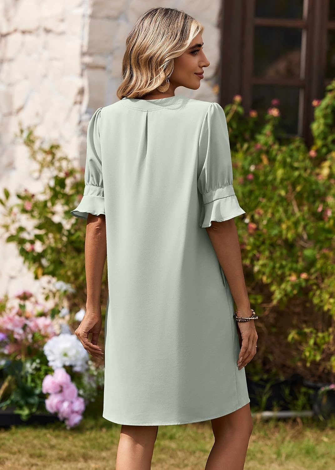 image:imageZeagoo Summer Dresses for Women 2026 V Neck Ruffle Sleeve Loose Shift Dress Hawaiian Sundress Beach Vacation ClothesGreen