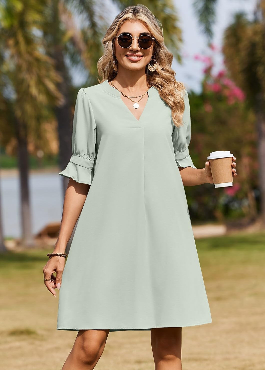 image:imageZeagoo Summer Dresses for Women 2026 V Neck Ruffle Sleeve Loose Shift Dress Hawaiian Sundress Beach Vacation ClothesGreen