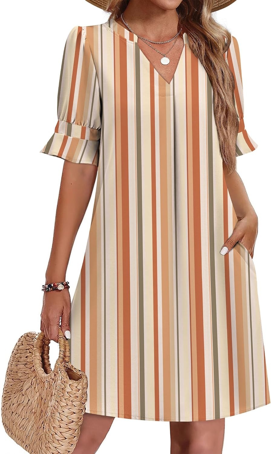 image:imageZeagoo Summer Dresses for Women 2026 V Neck Ruffle Sleeve Loose Shift Dress Hawaiian Sundress Beach Vacation ClothesKhaki Vertical Stripes