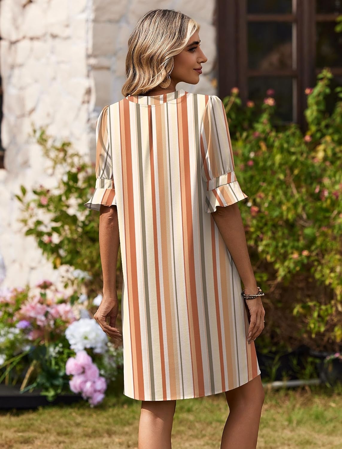 image:imageZeagoo Summer Dresses for Women 2026 V Neck Ruffle Sleeve Loose Shift Dress Hawaiian Sundress Beach Vacation ClothesKhaki Vertical Stripes