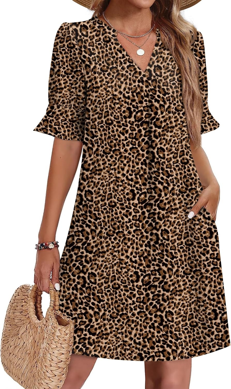image:imageZeagoo Summer Dresses for Women 2026 V Neck Ruffle Sleeve Loose Shift Dress Hawaiian Sundress Beach Vacation ClothesLeopard Print