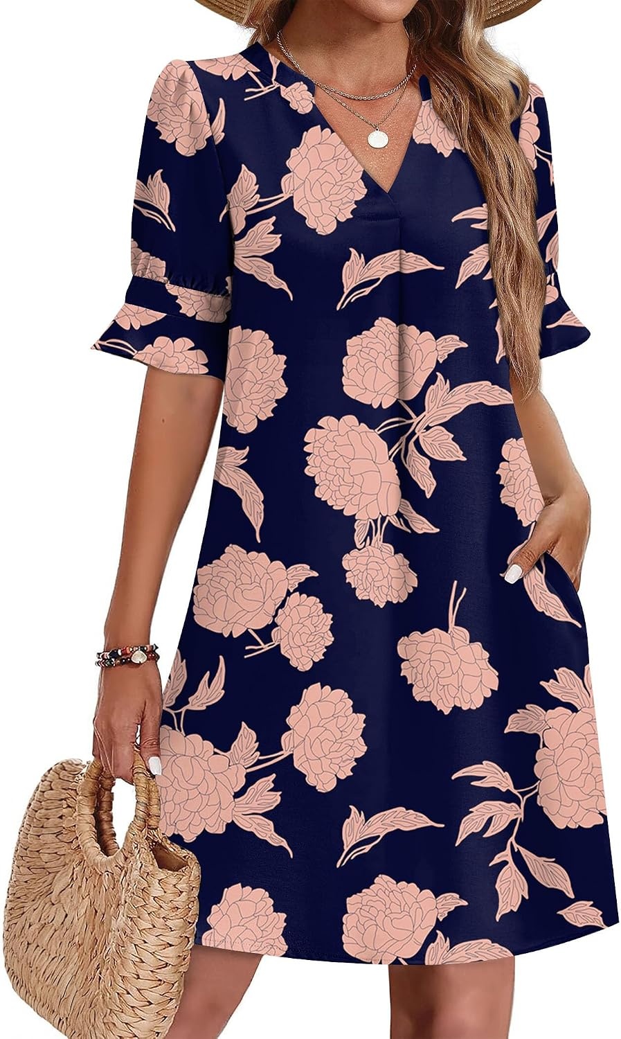 image:imageZeagoo Summer Dresses for Women 2026 V Neck Ruffle Sleeve Loose Shift Dress Hawaiian Sundress Beach Vacation ClothesNavy Blue Pink Flowers