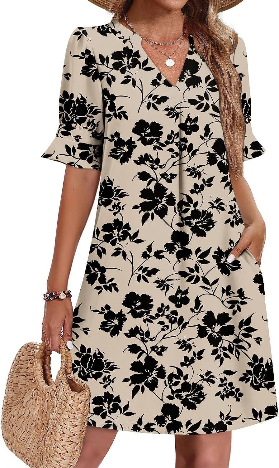 image:imageZeagoo Summer Dresses for Women 2026 V Neck Ruffle Sleeve Loose Shift Dress Hawaiian Sundress Beach Vacation ClothesSkin Floral