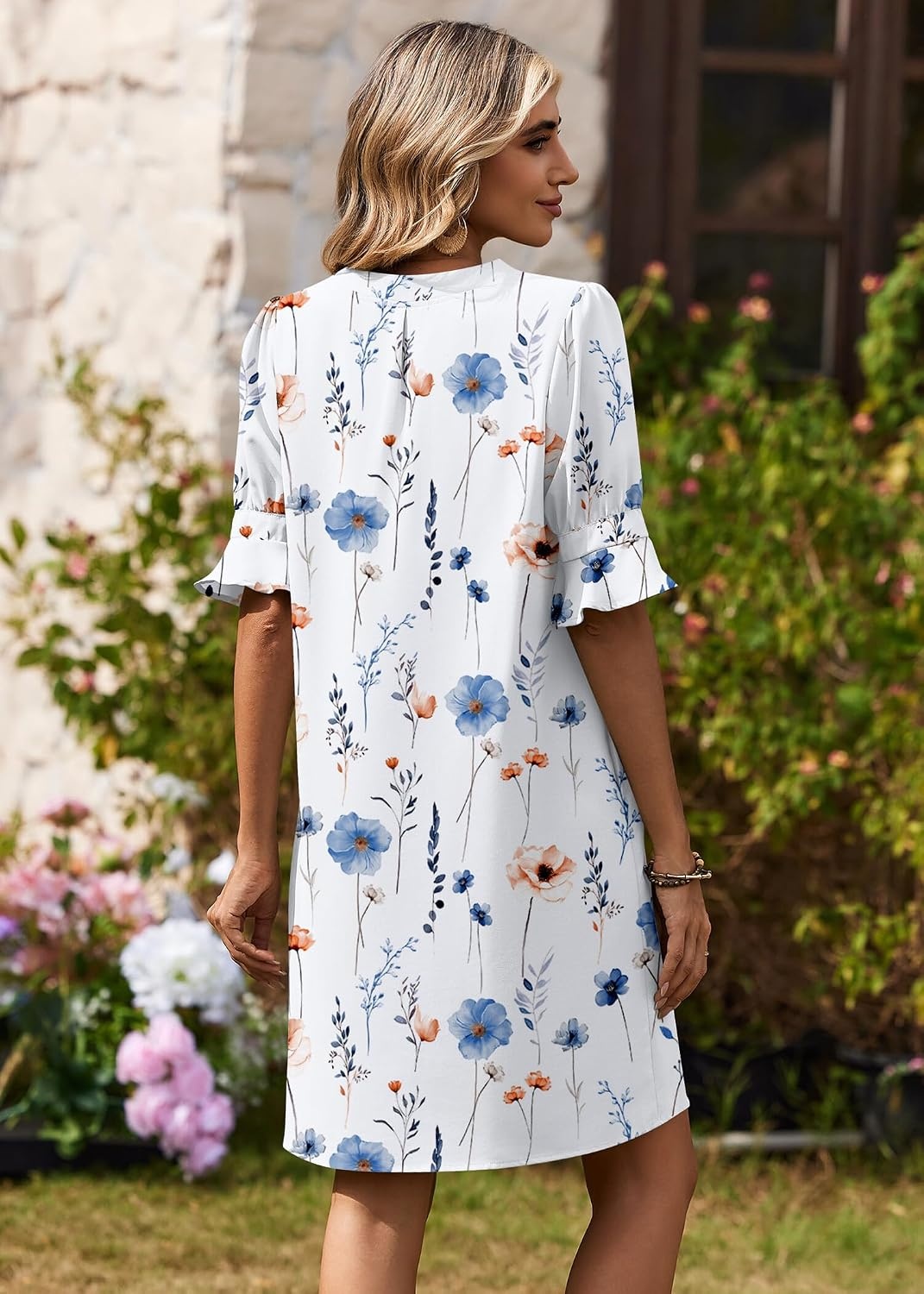 image:imageZeagoo Summer Dresses for Women 2026 V Neck Ruffle Sleeve Loose Shift Dress Hawaiian Sundress Beach Vacation ClothesWhite Floral