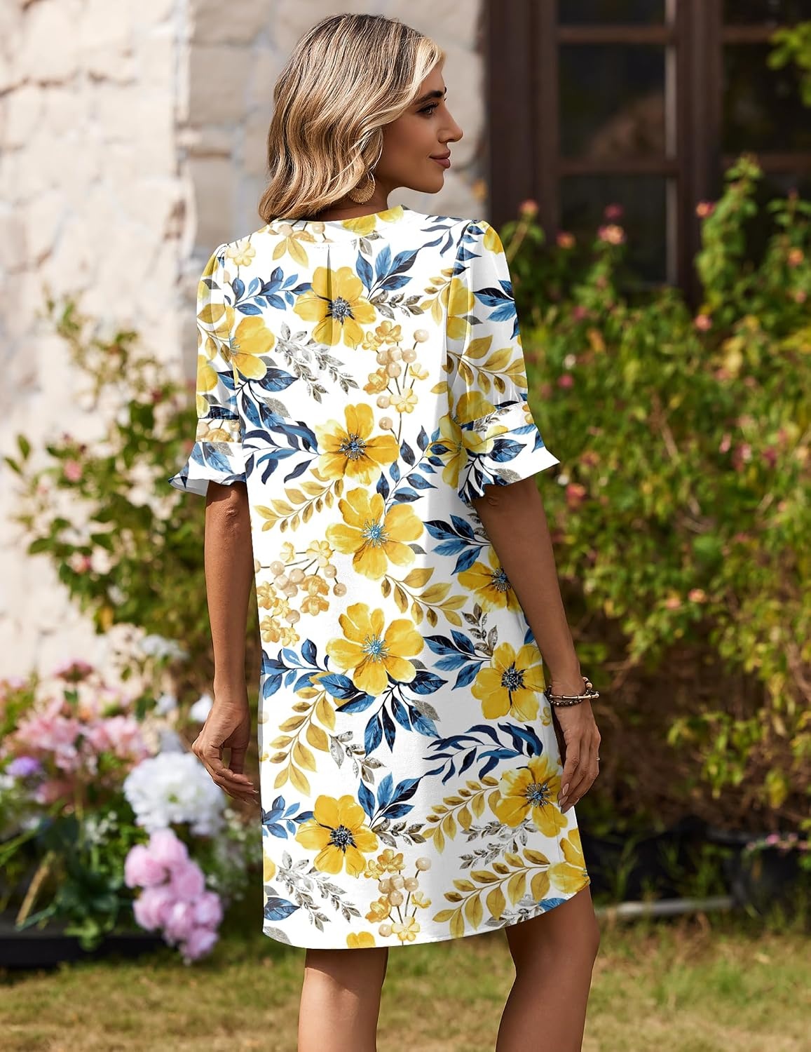image:imageZeagoo Summer Dresses for Women 2026 V Neck Ruffle Sleeve Loose Shift Dress Hawaiian Sundress Beach Vacation ClothesYellow Floral