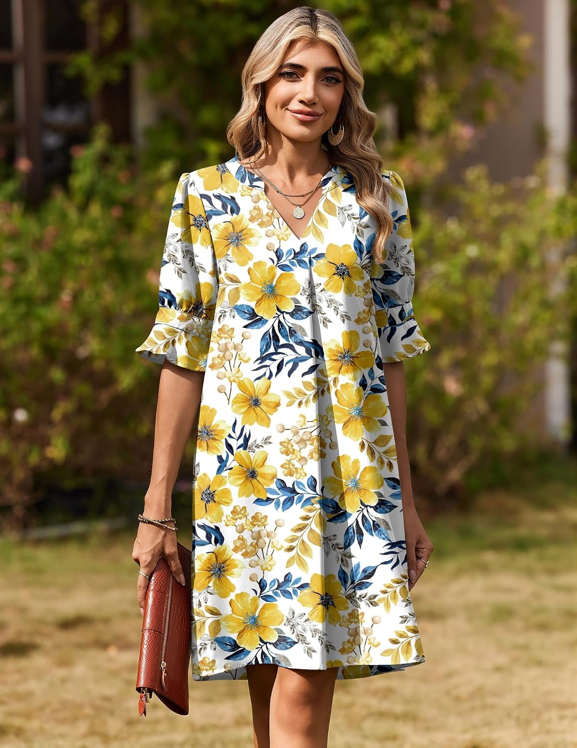 image:imageZeagoo Summer Dresses for Women 2026 V Neck Ruffle Sleeve Loose Shift Dress Hawaiian Sundress Beach Vacation ClothesYellow Floral