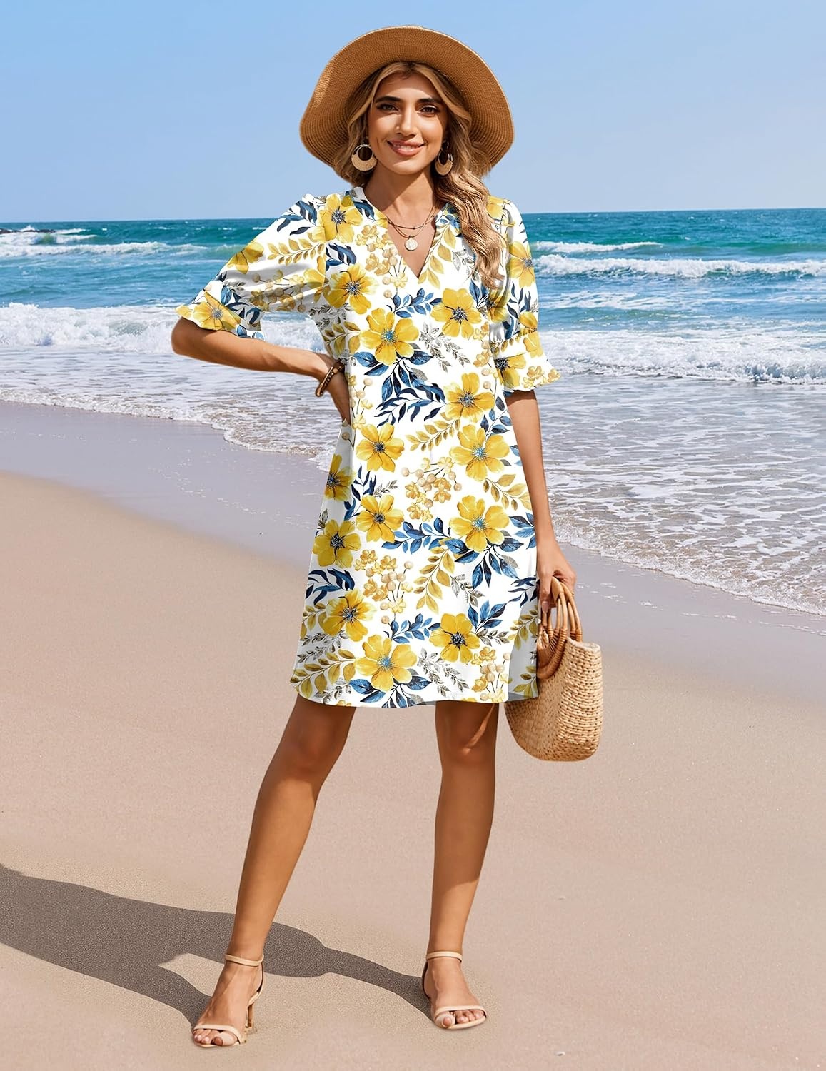 image:imageZeagoo Summer Dresses for Women 2026 V Neck Ruffle Sleeve Loose Shift Dress Hawaiian Sundress Beach Vacation ClothesYellow Floral