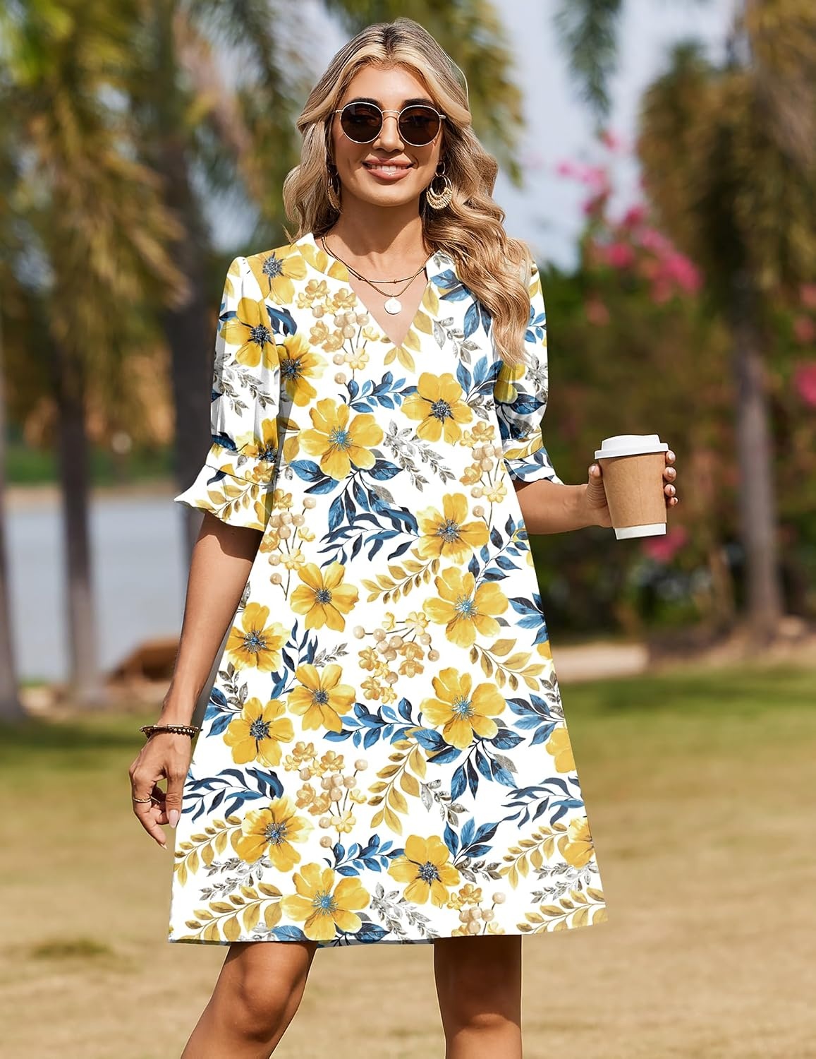 image:imageZeagoo Summer Dresses for Women 2026 V Neck Ruffle Sleeve Loose Shift Dress Hawaiian Sundress Beach Vacation ClothesYellow Floral