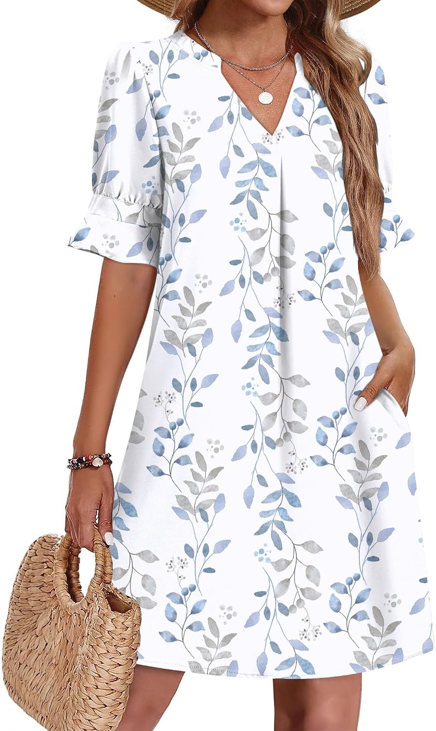 image:imageZeagoo Summer Dresses for Women 2026 V Neck Ruffle Sleeve Loose Shift Dress Hawaiian Sundress Beach Vacation ClothesYellow Silhouette Flowers