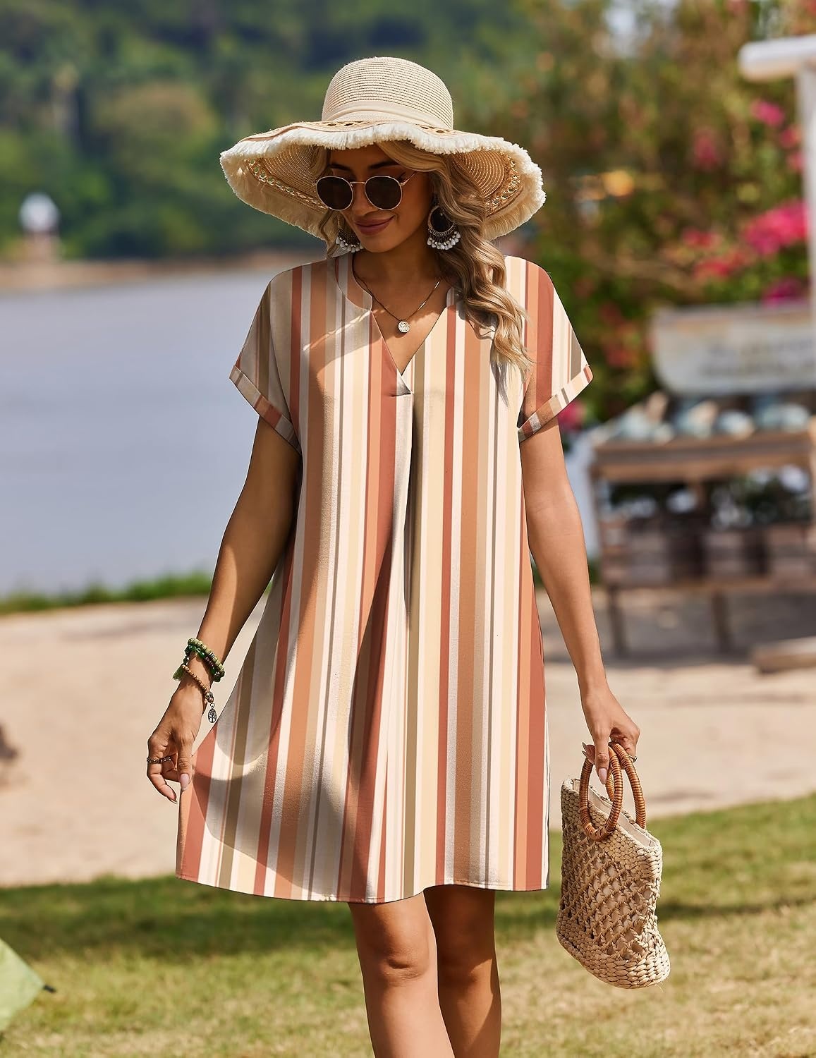 image:imageZeagoo Summer Dresses for Women Shift Dress Casual Mini Vacation SundressKhaki Stripe