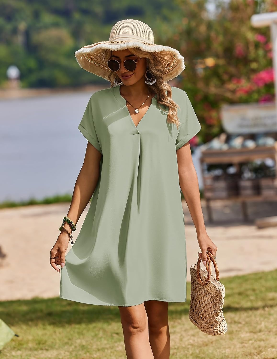 image:imageZeagoo Summer Dresses for Women Shift Dress Casual Mini Vacation SundressSolid Green