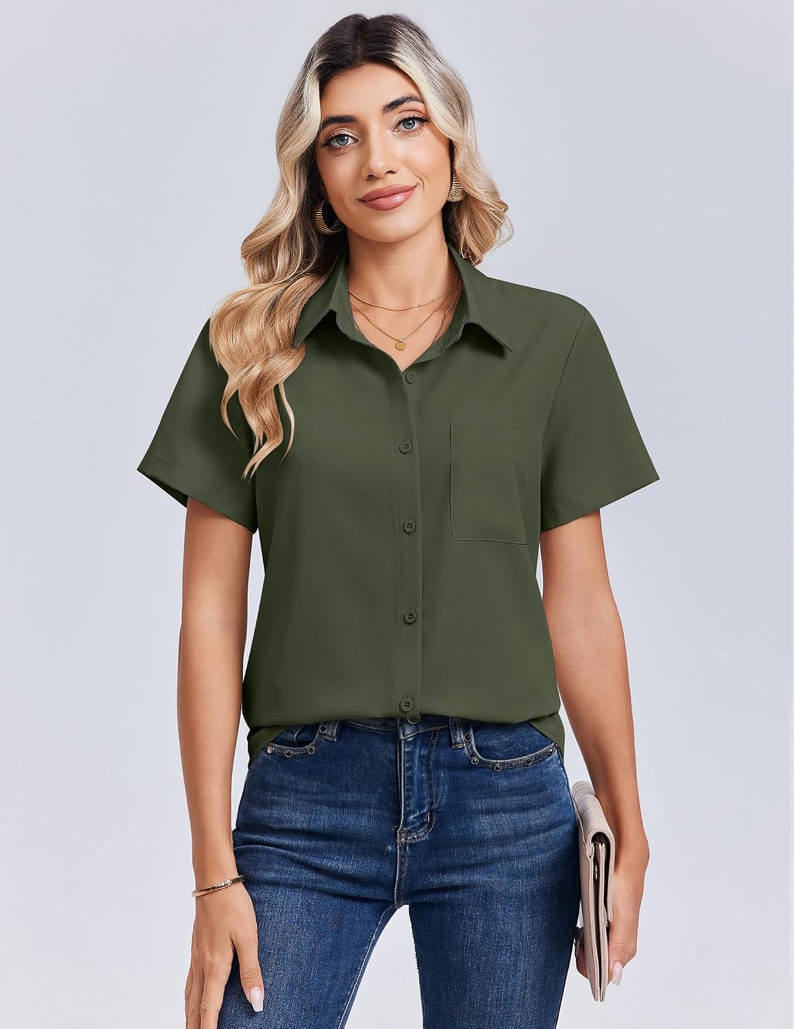image:imageZeagoo Summer Tops for Women Short Sleeve Button Down Shirt V Neck BlouseArmy Green