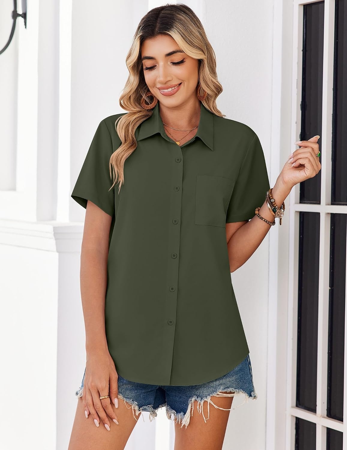 image:imageZeagoo Summer Tops for Women Short Sleeve Button Down Shirt V Neck BlouseArmy Green