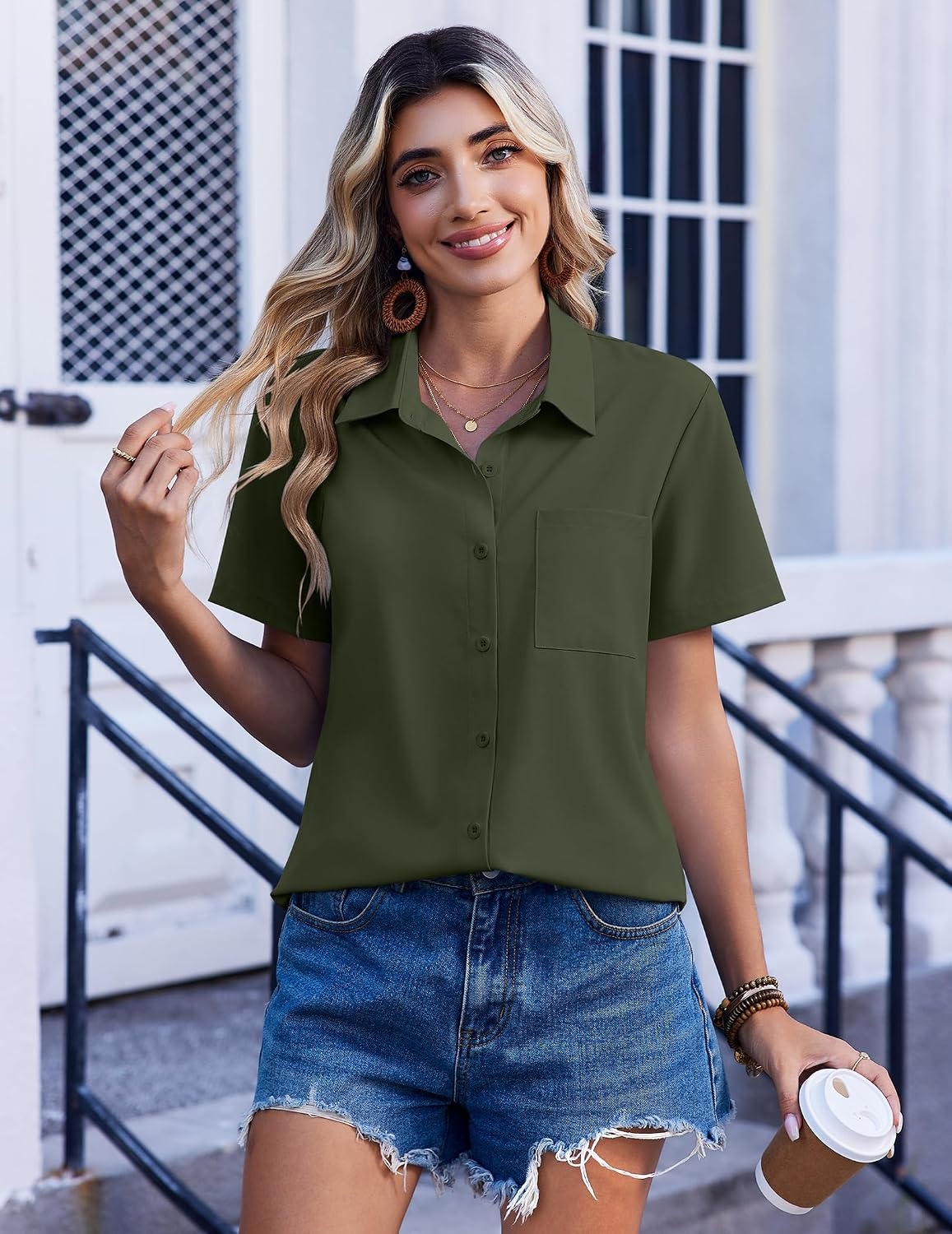 image:imageZeagoo Summer Tops for Women Short Sleeve Button Down Shirt V Neck BlouseArmy Green
