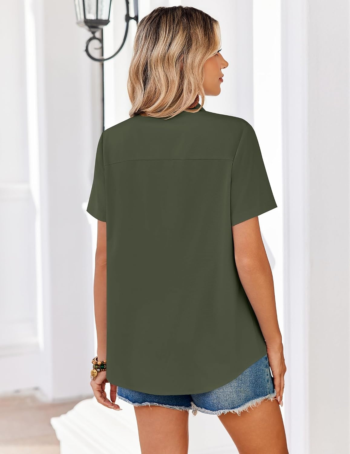 image:imageZeagoo Summer Tops for Women Short Sleeve Button Down Shirt V Neck BlouseArmy Green