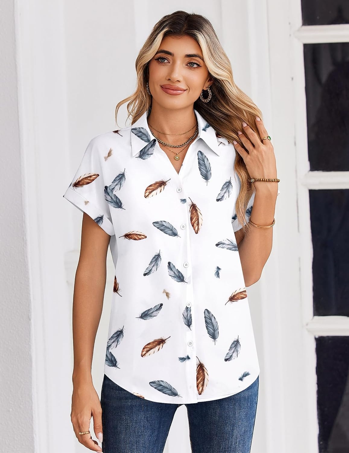 image:imageZeagoo Summer Tops for Women Short Sleeve Button Down Shirt V Neck BlouseFeathers White