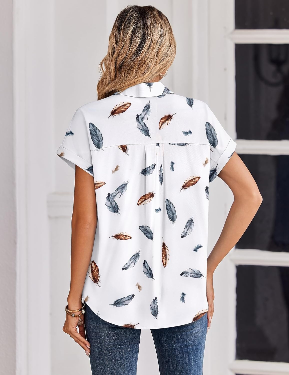 image:imageZeagoo Summer Tops for Women Short Sleeve Button Down Shirt V Neck BlouseFeathers White
