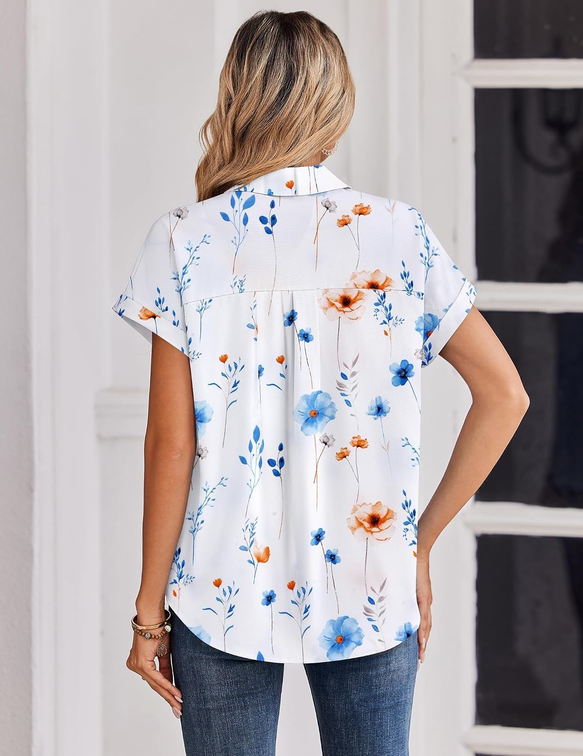 image:imageZeagoo Summer Tops for Women Short Sleeve Button Down Shirt V Neck BlouseFloral White
