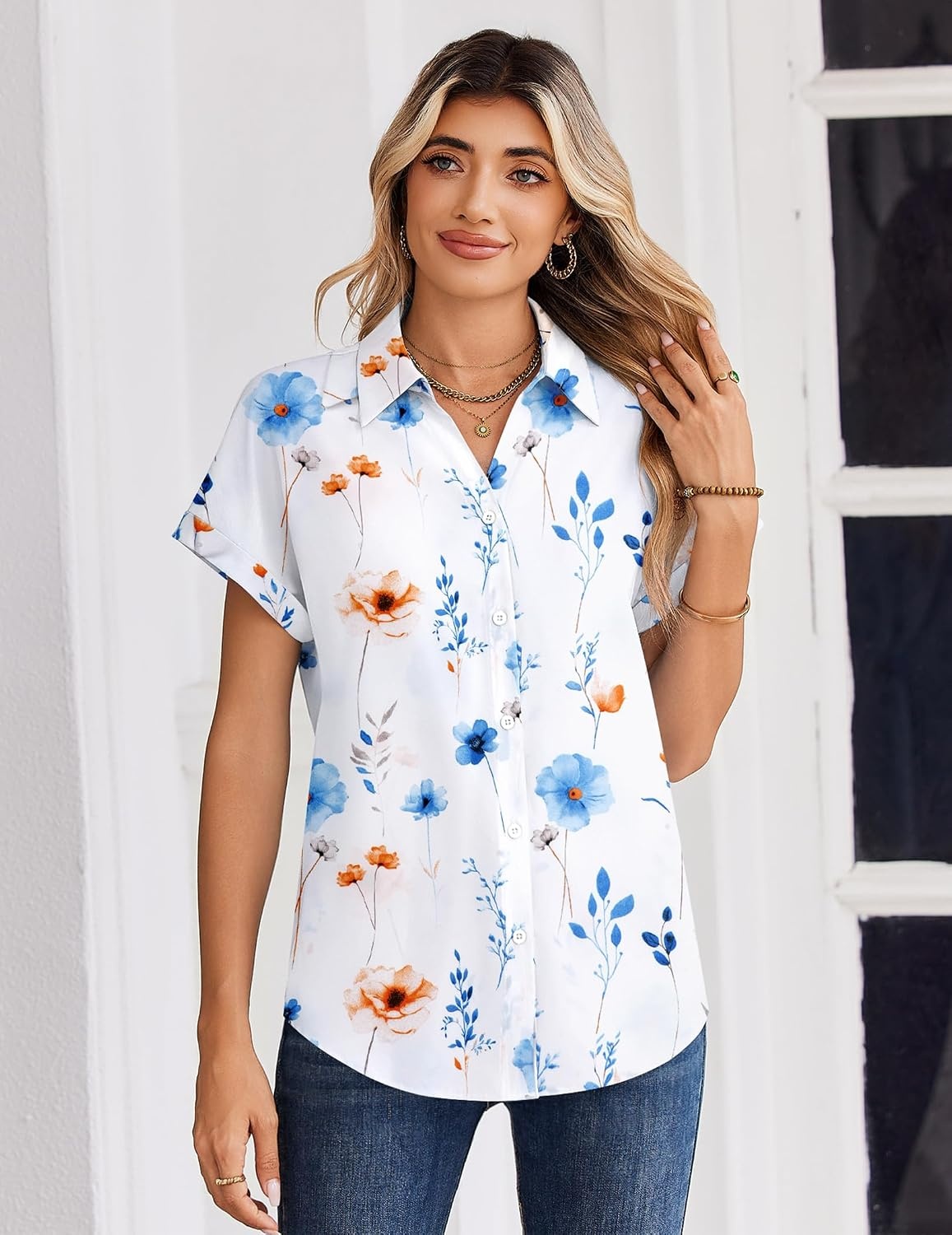 image:imageZeagoo Summer Tops for Women Short Sleeve Button Down Shirt V Neck BlouseFloral White