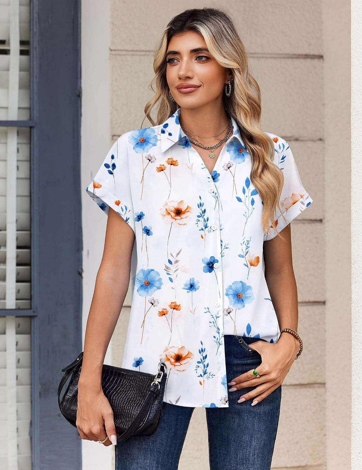 image:imageZeagoo Summer Tops for Women Short Sleeve Button Down Shirt V Neck BlouseFloral White