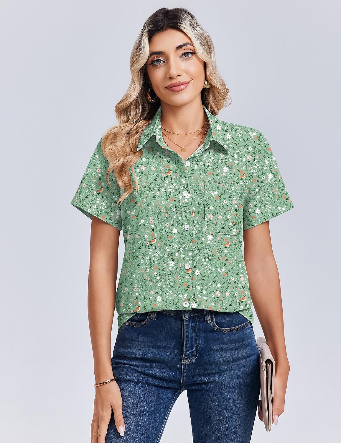 image:imageZeagoo Summer Tops for Women Short Sleeve Button Down Shirt V Neck BlouseGreen Leaves