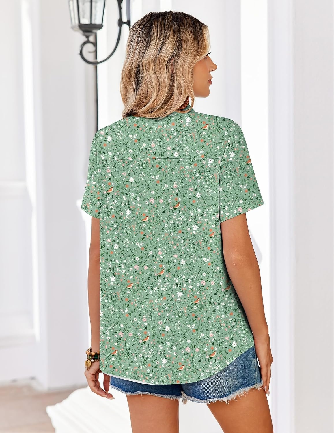 image:imageZeagoo Summer Tops for Women Short Sleeve Button Down Shirt V Neck BlouseGreen Leaves