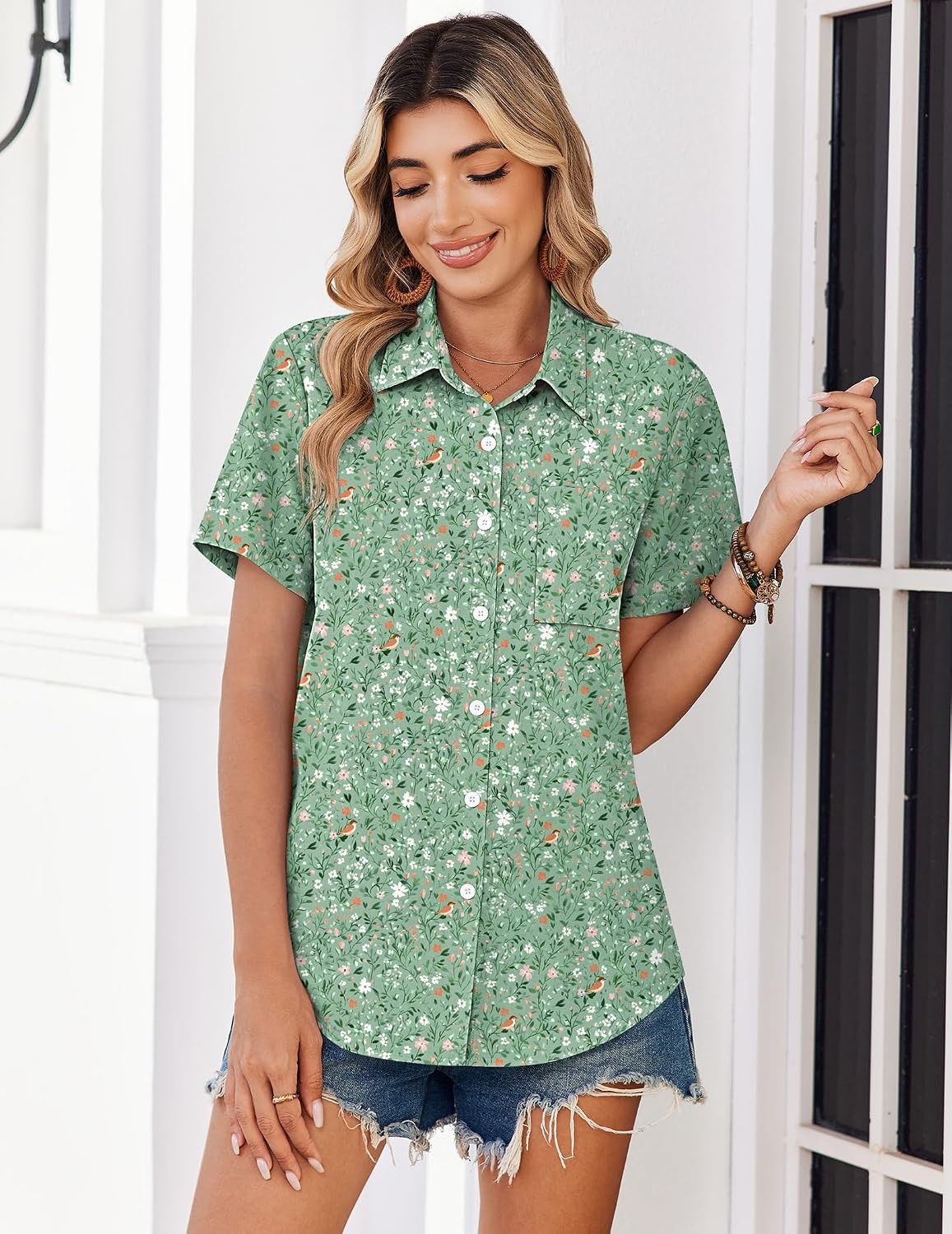 image:imageZeagoo Summer Tops for Women Short Sleeve Button Down Shirt V Neck BlouseGreen Leaves
