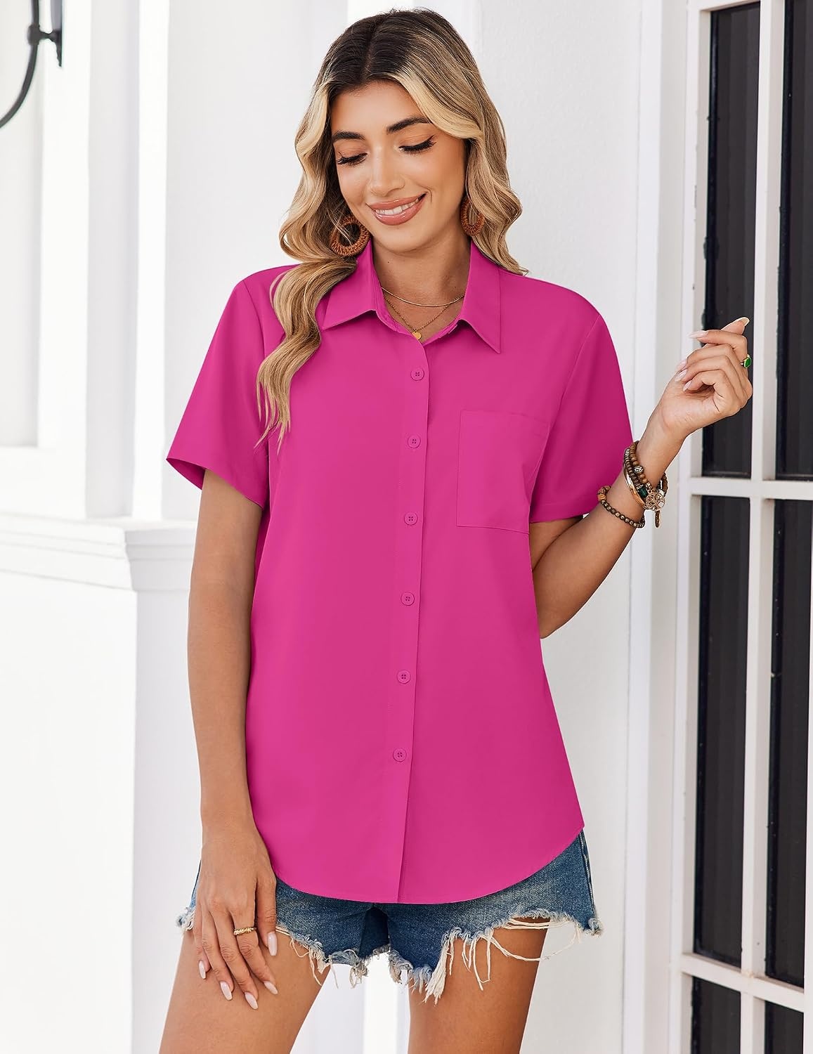 image:imageZeagoo Summer Tops for Women Short Sleeve Button Down Shirt V Neck BlouseHot Pink