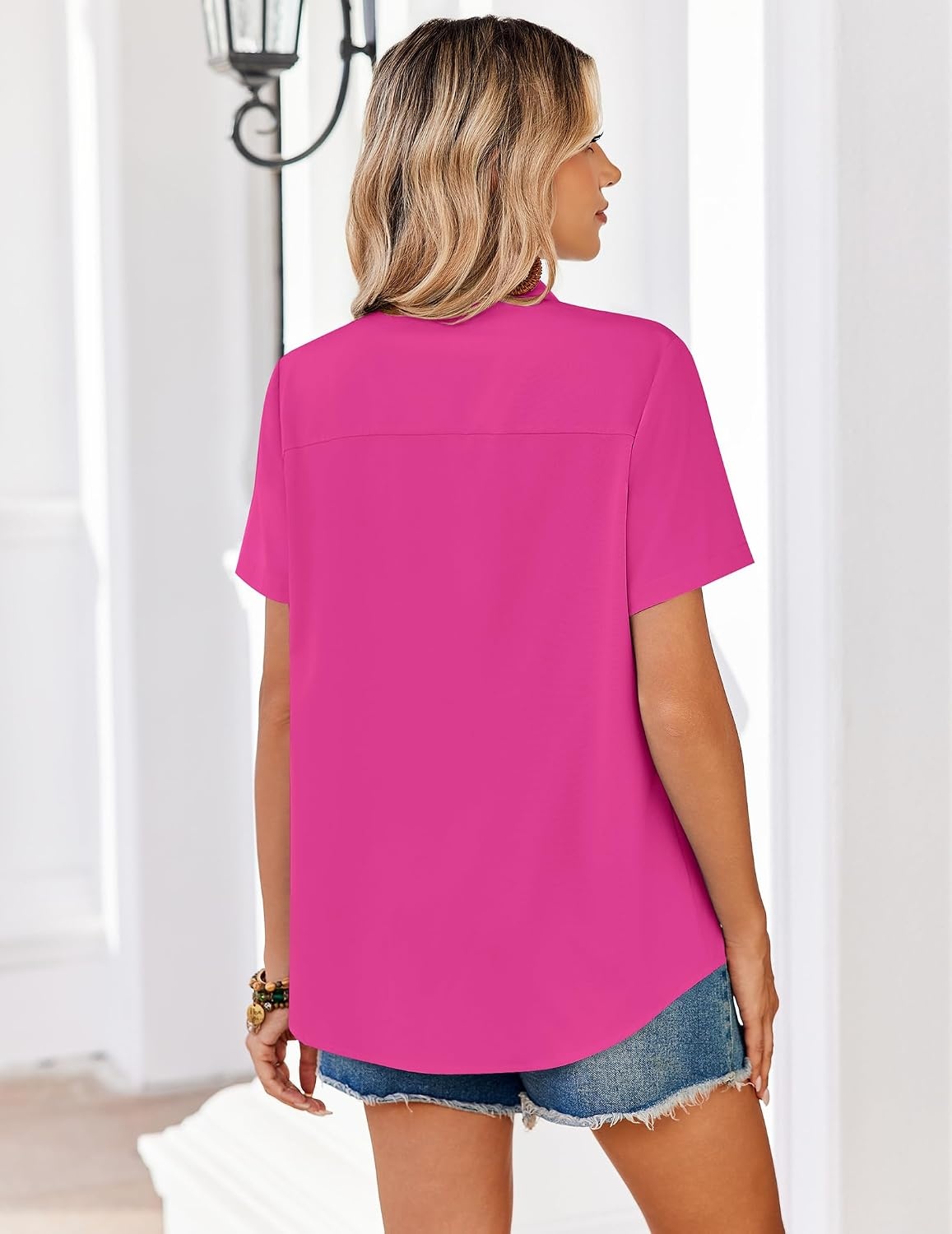 image:imageZeagoo Summer Tops for Women Short Sleeve Button Down Shirt V Neck BlouseHot Pink