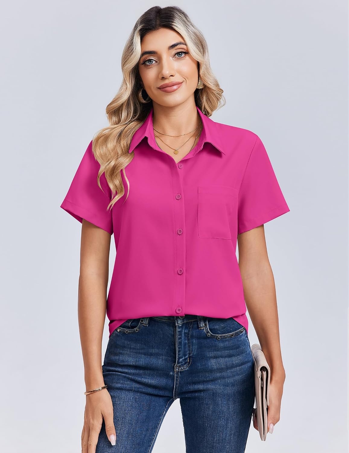 image:imageZeagoo Summer Tops for Women Short Sleeve Button Down Shirt V Neck BlouseHot Pink