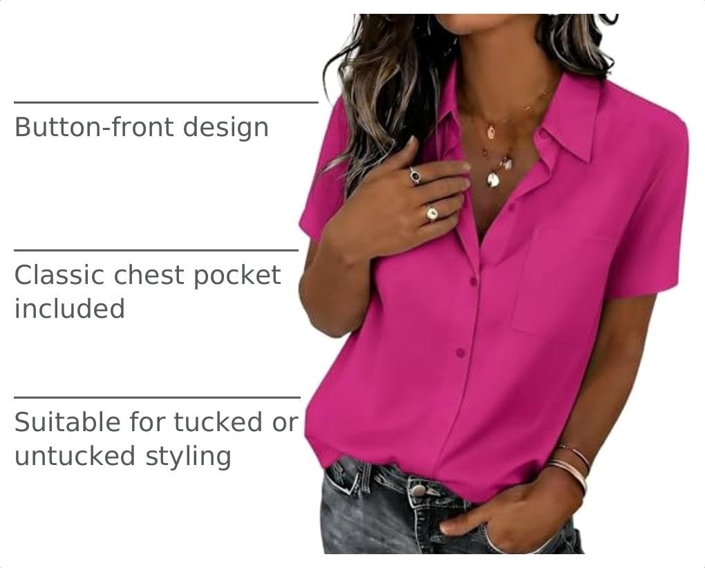image:imageZeagoo Summer Tops for Women Short Sleeve Button Down Shirt V Neck BlouseHot Pink