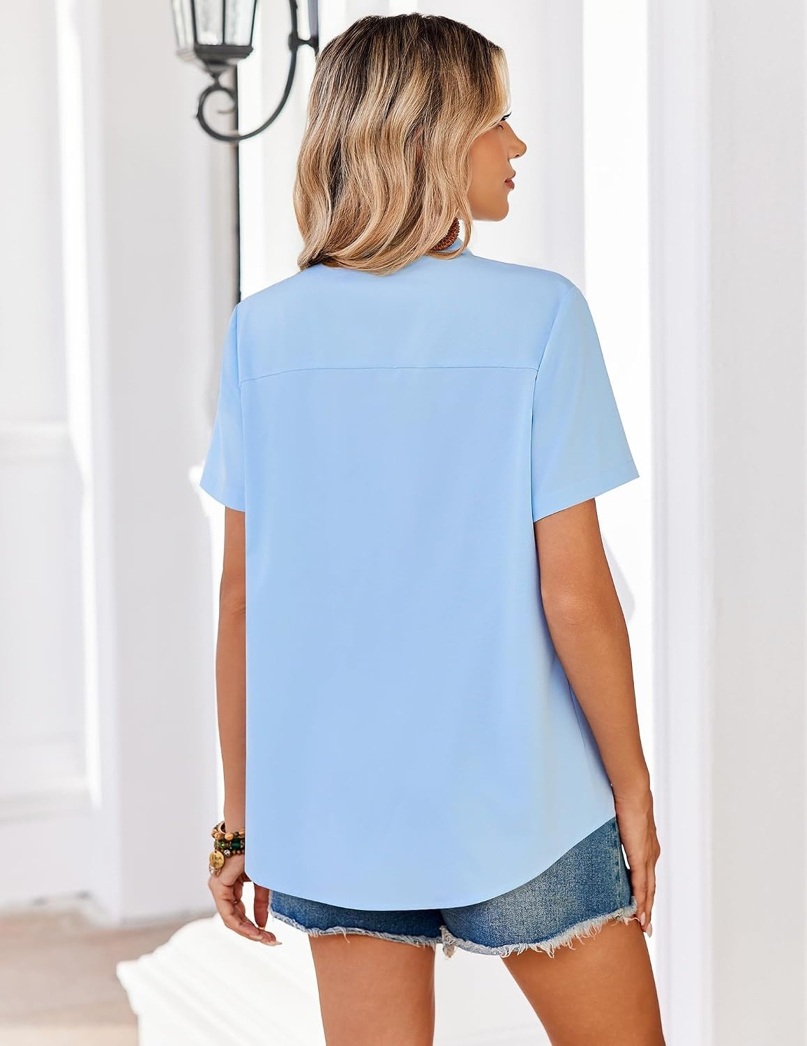 image:imageZeagoo Summer Tops for Women Short Sleeve Button Down Shirt V Neck BlouseLight Blue