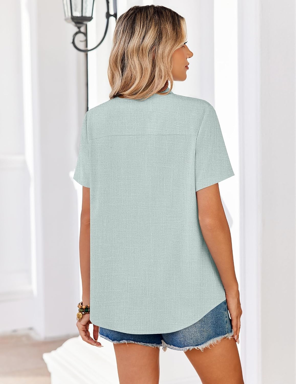 image:imageZeagoo Summer Tops for Women Short Sleeve Button Down Shirt V Neck BlouseLight Green