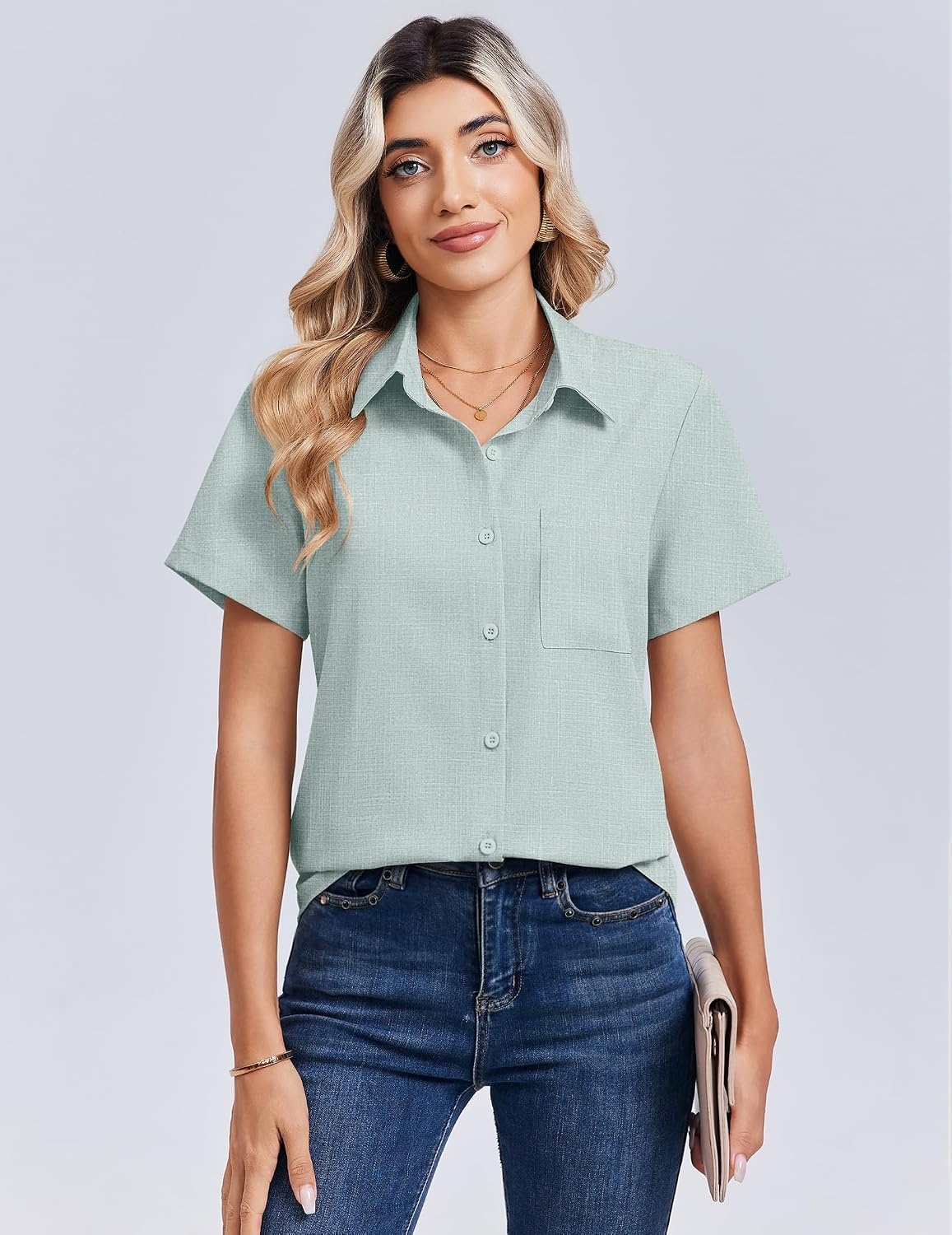 image:imageZeagoo Summer Tops for Women Short Sleeve Button Down Shirt V Neck BlouseLight Green