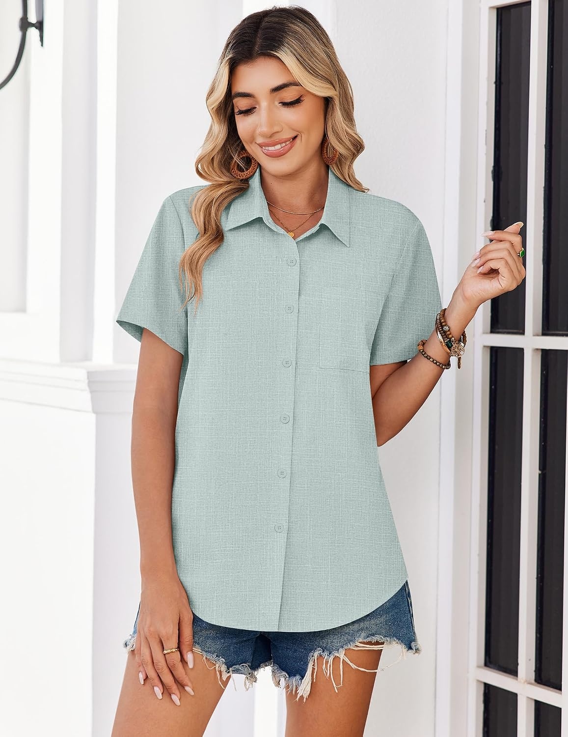 image:imageZeagoo Summer Tops for Women Short Sleeve Button Down Shirt V Neck BlouseLight Green