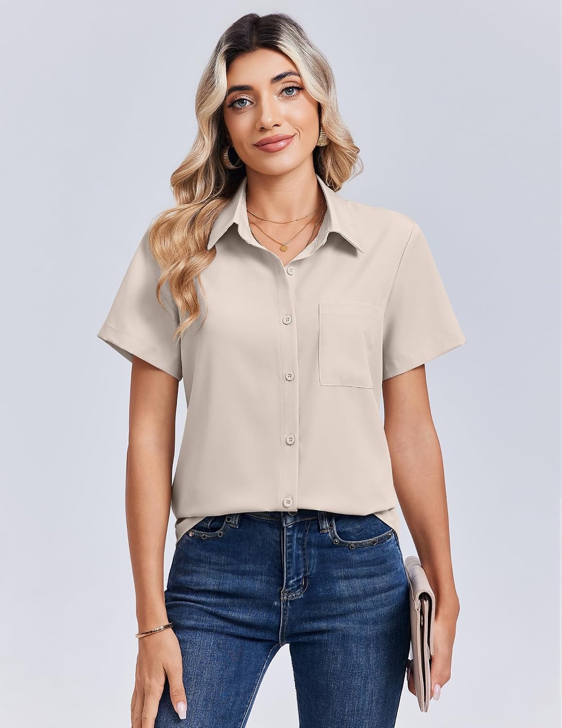 image:imageZeagoo Summer Tops for Women Short Sleeve Button Down Shirt V Neck BlouseLight Khaki