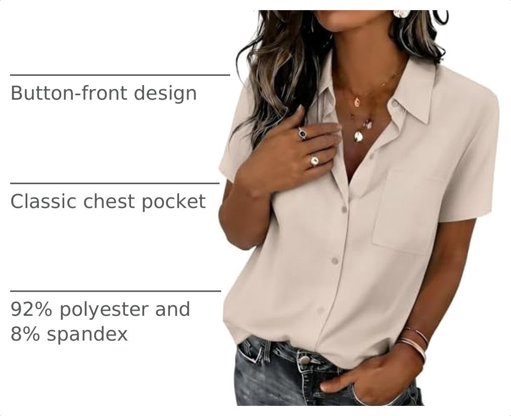 image:imageZeagoo Summer Tops for Women Short Sleeve Button Down Shirt V Neck BlouseLight Khaki