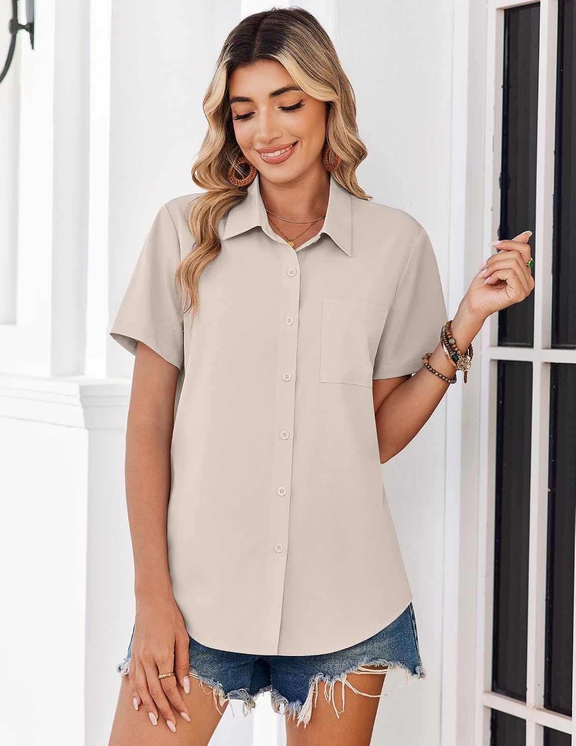 image:imageZeagoo Summer Tops for Women Short Sleeve Button Down Shirt V Neck BlouseLight Khaki