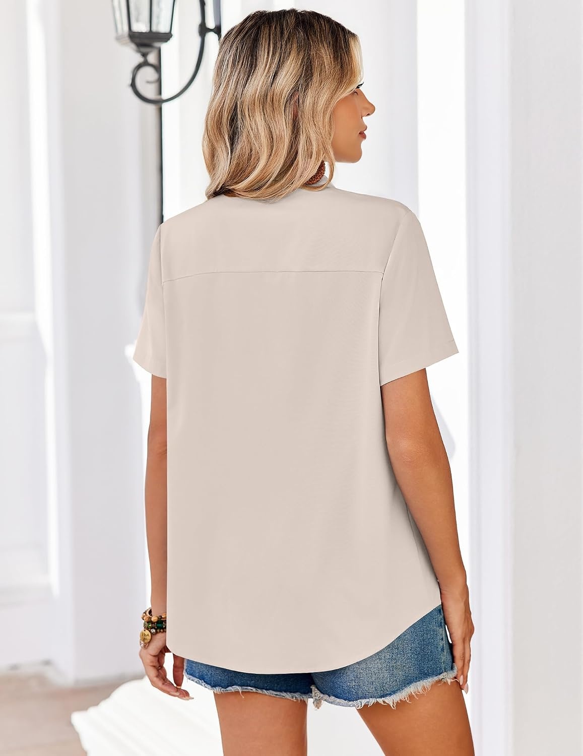image:imageZeagoo Summer Tops for Women Short Sleeve Button Down Shirt V Neck BlouseLight Khaki