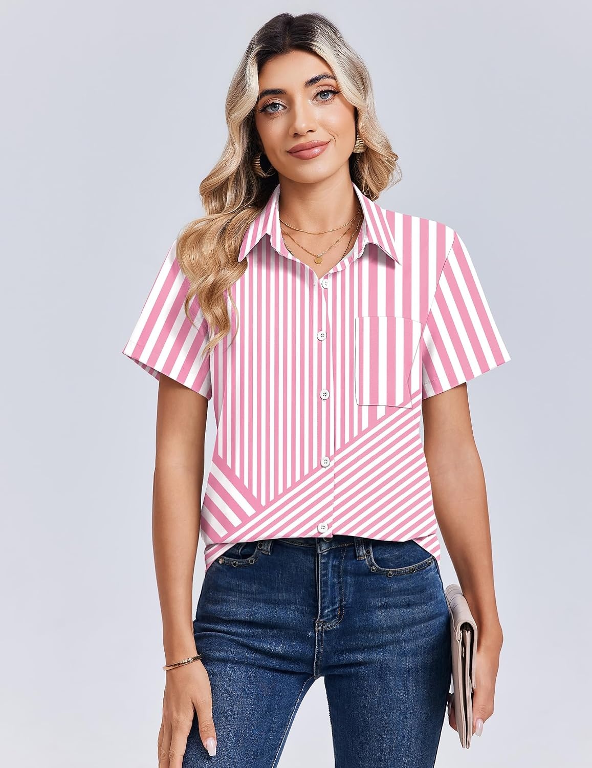image:imageZeagoo Summer Tops for Women Short Sleeve Button Down Shirt V Neck BlousePink Stripes