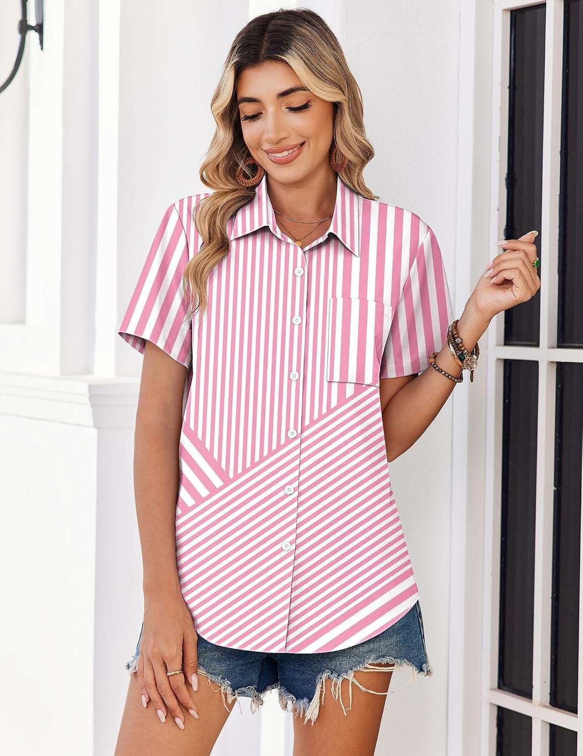 image:imageZeagoo Summer Tops for Women Short Sleeve Button Down Shirt V Neck BlousePink Stripes