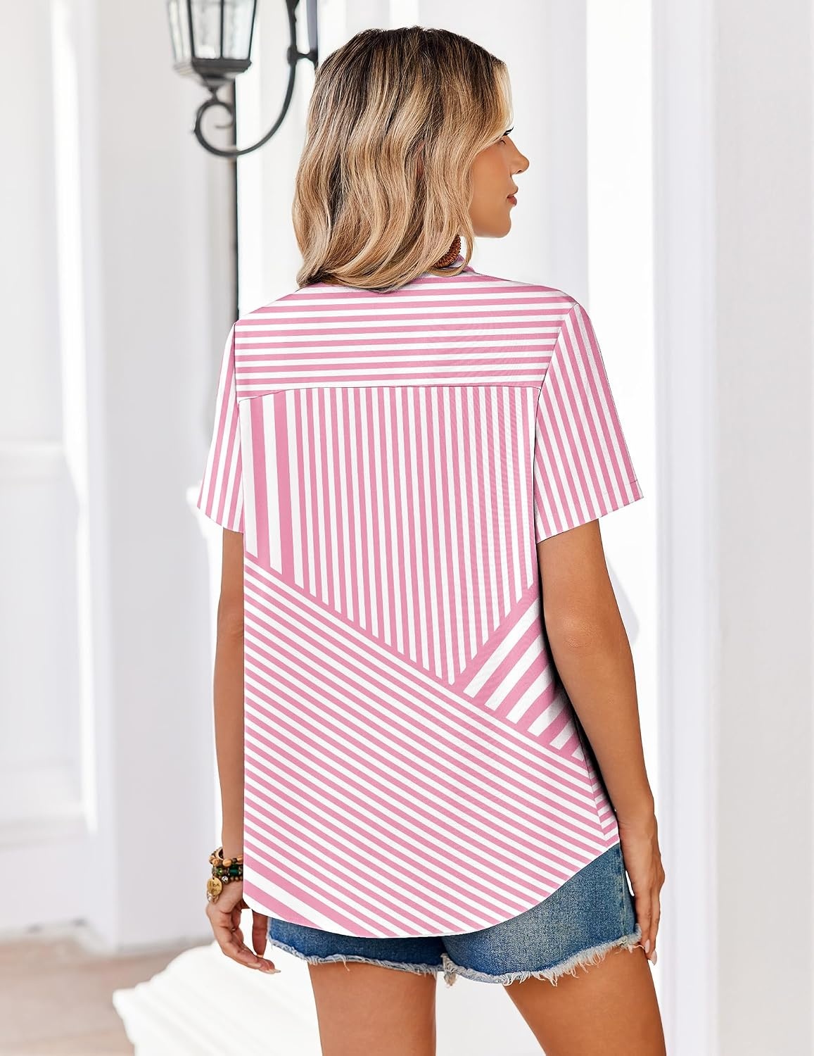 image:imageZeagoo Summer Tops for Women Short Sleeve Button Down Shirt V Neck BlousePink Stripes
